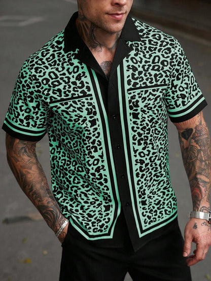 KZZ Men's Casual Short-Sleeve Shirt with Leopard Print Color-Blocking and Spread Collar