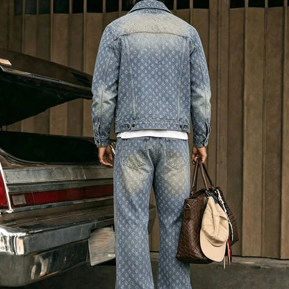 KZZ Men's two-piece jacquard denim suit