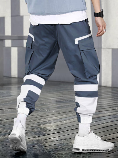 KZZ Men's Colorblock Drawstring Waist Cargo Pants