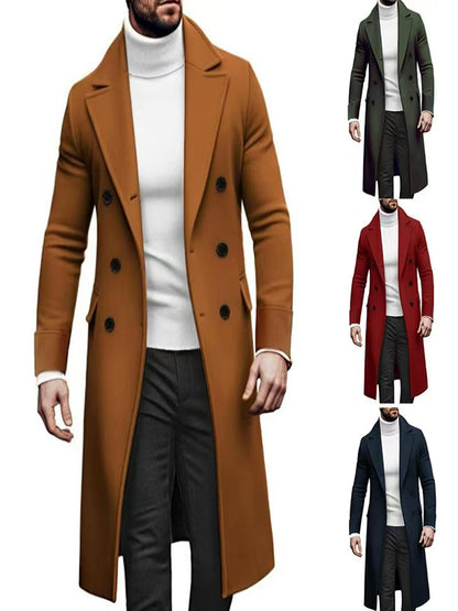 KZZ Men's Notch Lapel Double Breasted Long Trench Coat