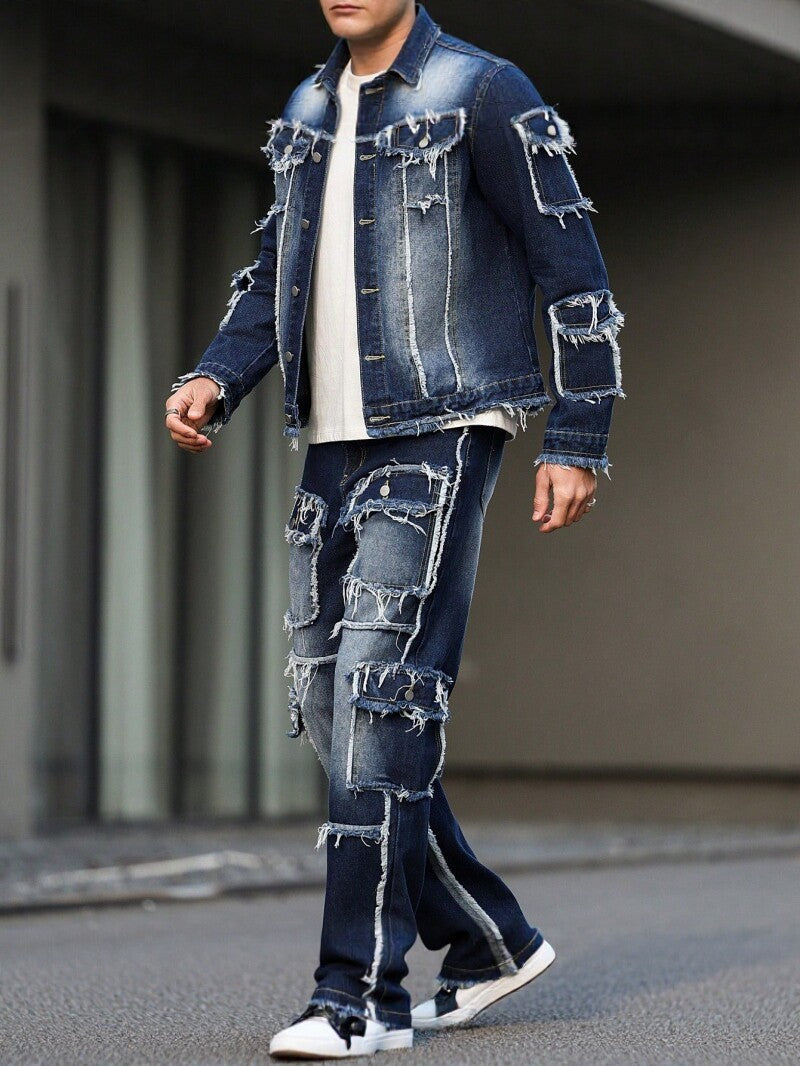 KZZ Men's two-piece denim outfit set