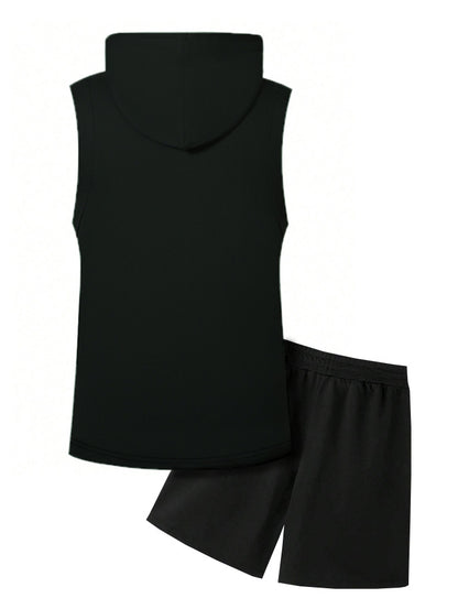 KZZ Two-Piece Set Men's Letter Print Hooded Vest & Drawstring Waist Shorts Set