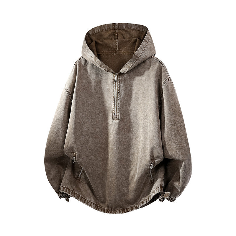 KZZ Men's Washed Half-Zip Hooded Sweatshirt