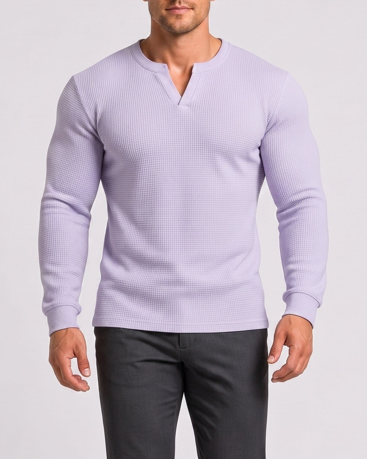 KZZ Men's Minimalist Waffle-Knit Long-Sleeve T-Shirt