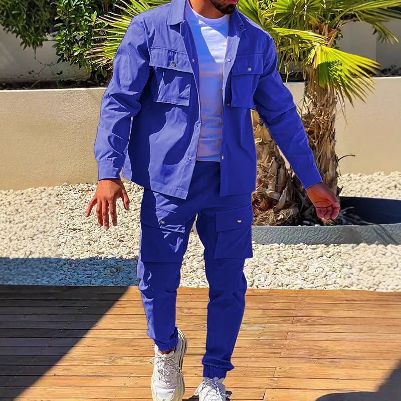 KZZ Men's Solid Button Pocket Lapel Neck Jacket & Drawstring Waist Cargo Pant Set