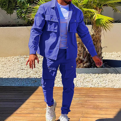 KZZ Men's Solid Button Pocket Lapel Neck Jacket & Drawstring Waist Cargo Pant Set