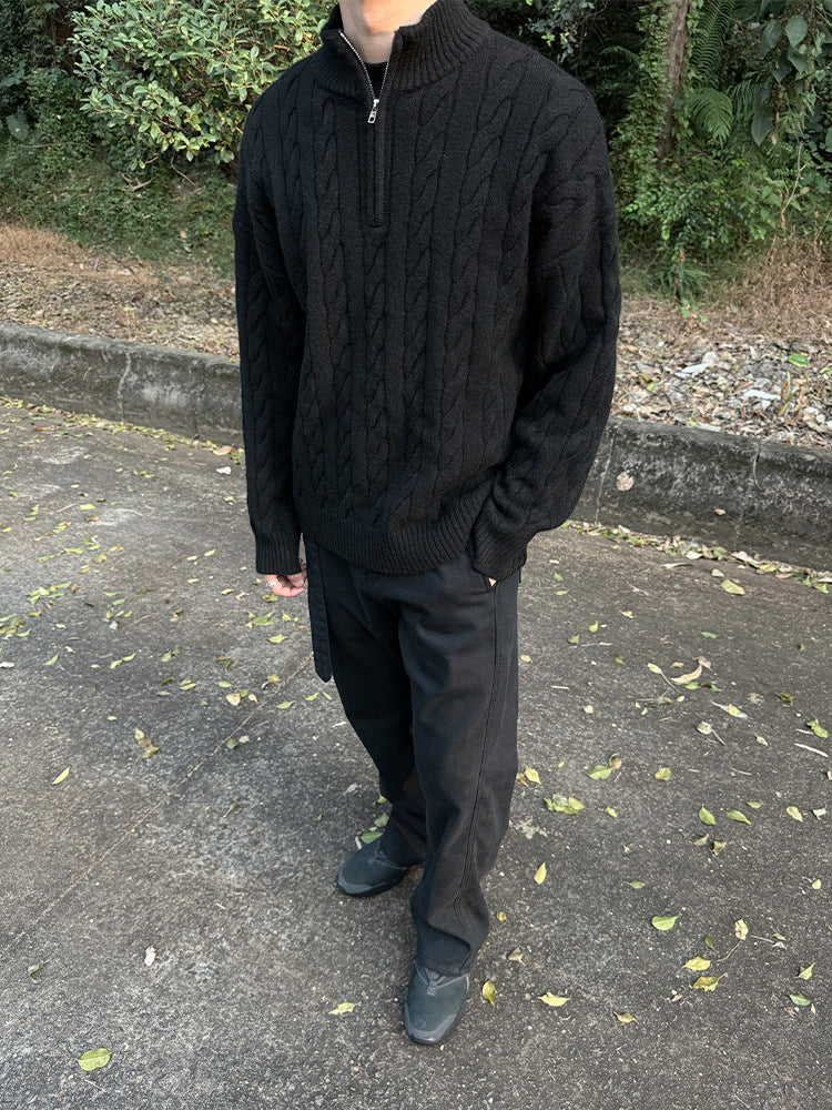 KZZ Men's solid color zipper sweater, fashionable knit long sleeved