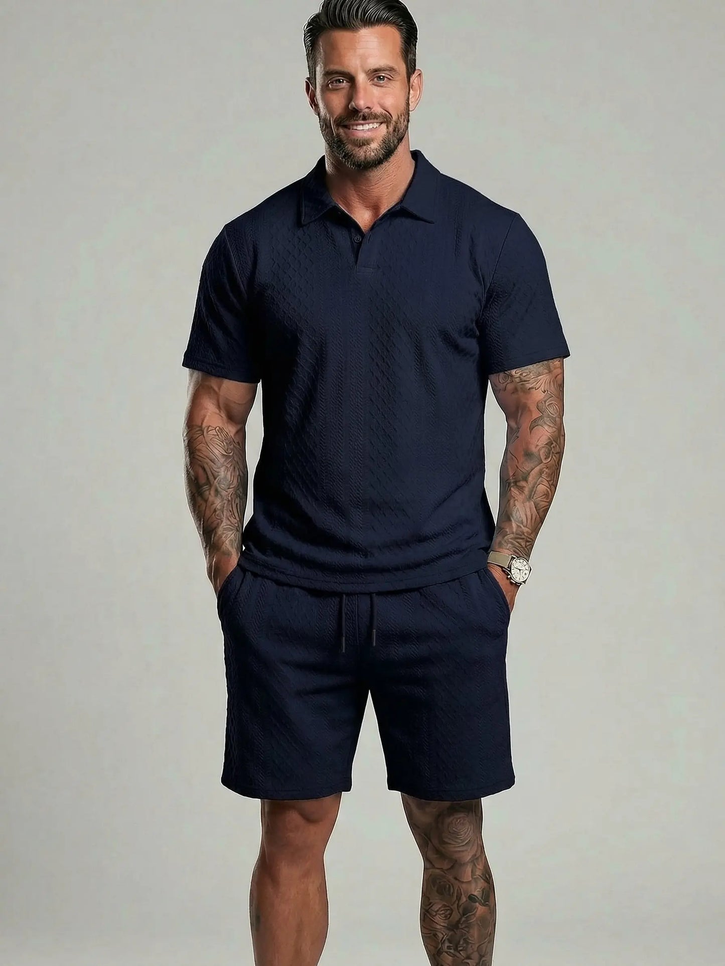 KZZ Men's Solid Polo Shirt & Drawstring Waist Shorts Set