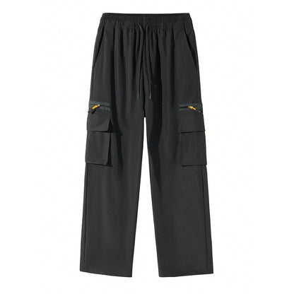 KZZ Men's Solid-Color Cargo Pants with Flap Pockets