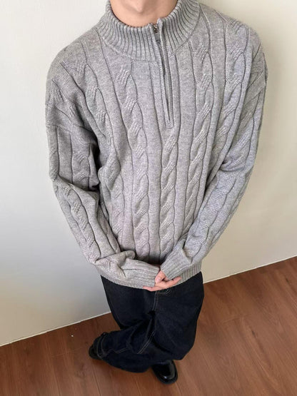 KZZ Men's solid color zipper sweater, fashionable knit long sleeved