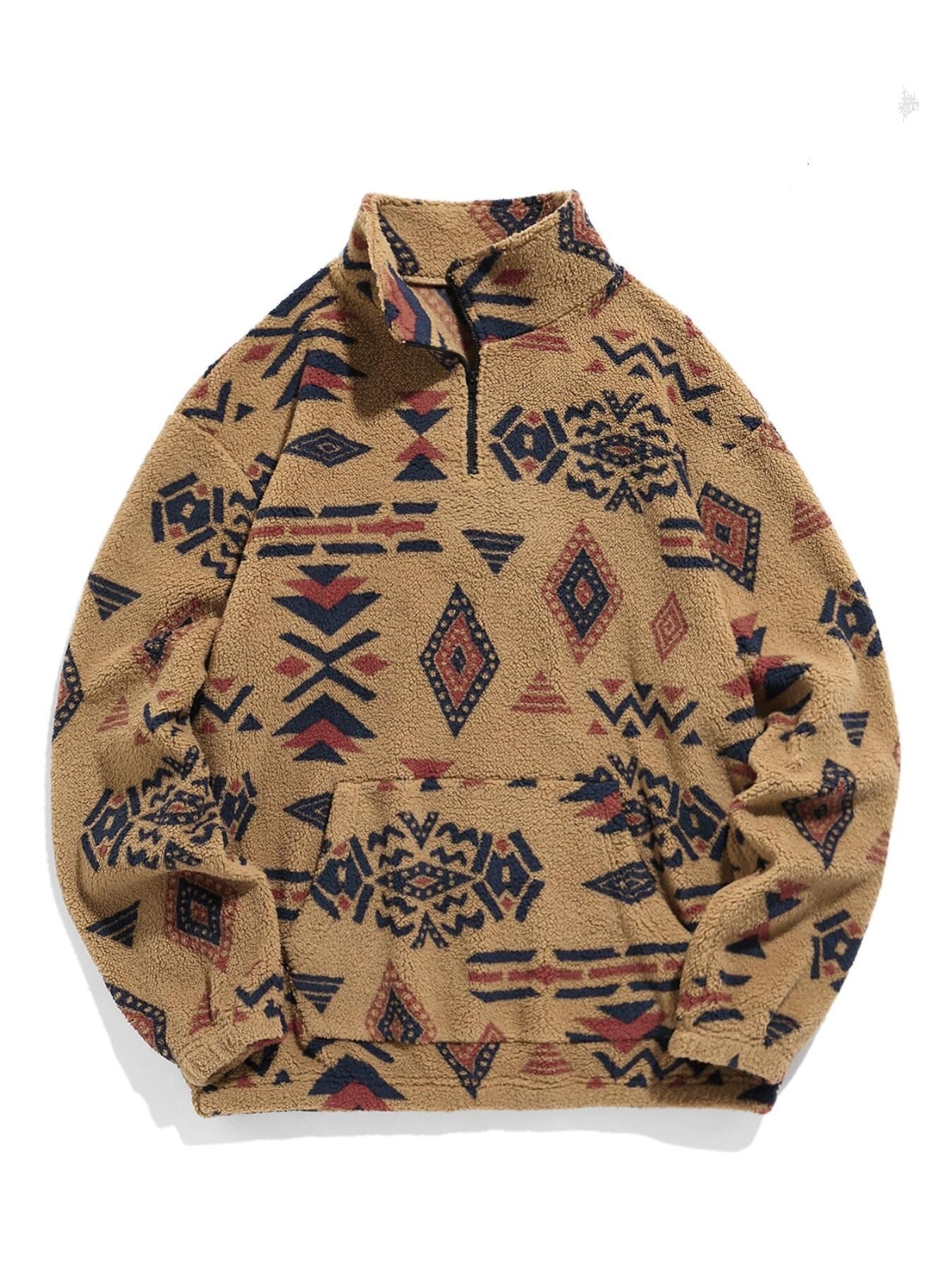 KZZ Men's Ethnic Pattern Drop Shoulder Zipper Sweatshirt