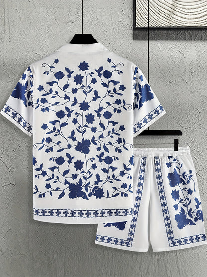 KZZ Men's ethnic-style patterned button-down shirt and shorts loungewear two-piece set