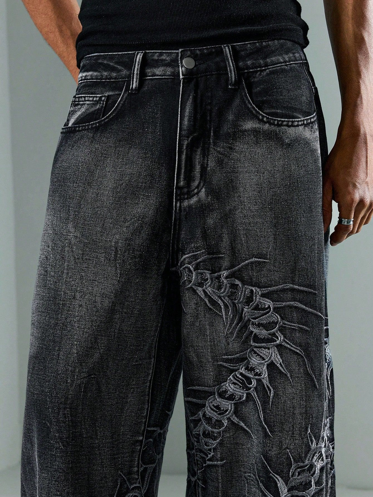 KZZ American Retro 3D Bone Embroidery Washed Jeans