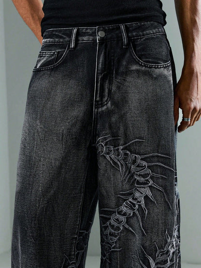 KZZ American Retro 3D Bone Embroidery Washed Jeans