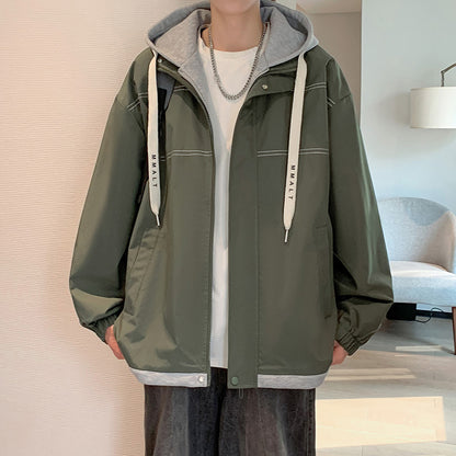 KZZ Men's Colorblock Letter Pocket Longsleeves Drawstring Hooded Jacket