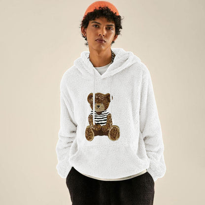 KZZ Men's Cartoon Bear Embroidered Drawstring Plush Hoodie, Casual Pocket Sweatshirt