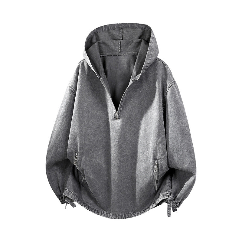 KZZ Men's Washed Half-Zip Hooded Sweatshirt