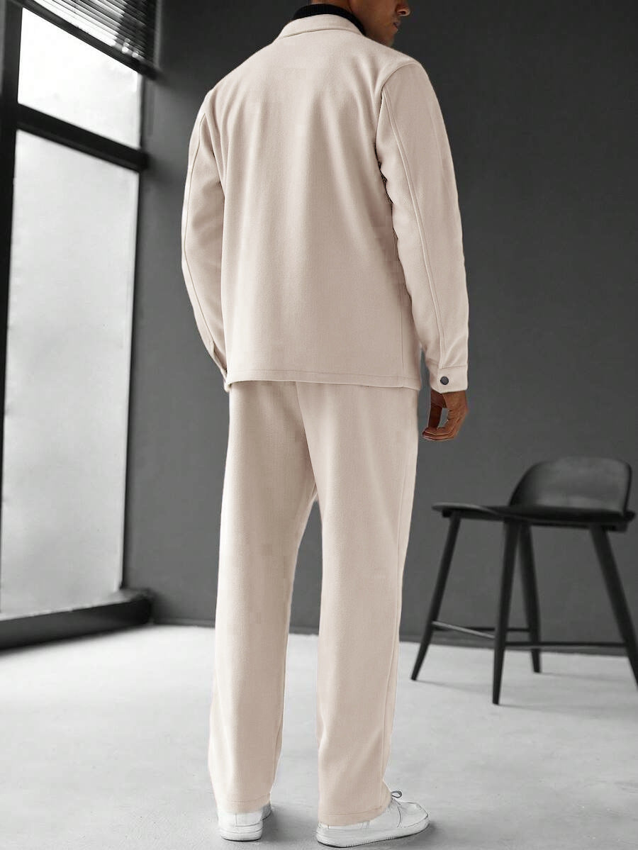 KZZ Men's Solid Color Pocket Jacket and Belt Waist Pants Sport Suit Regular Version Mature Business Style