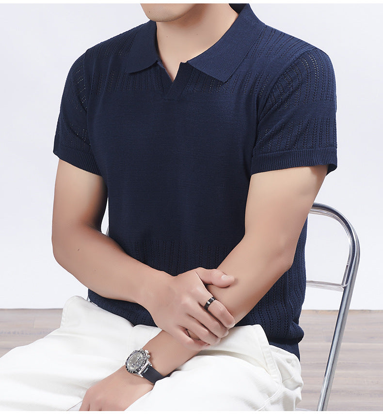 KZZ Summer Solid-Color V-Neck Short-Sleeve Polo Shirt