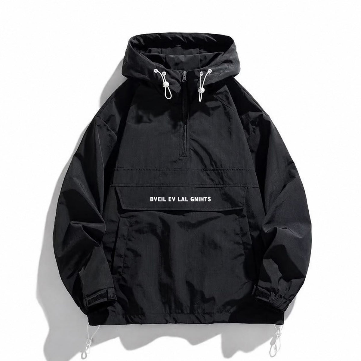 KZZ Men's Letter Print Drawstring Pocket Half Zipper Hooded Jacket