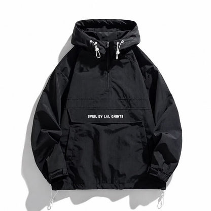 KZZ Men's Letter Print Drawstring Pocket Half Zipper Hooded Jacket