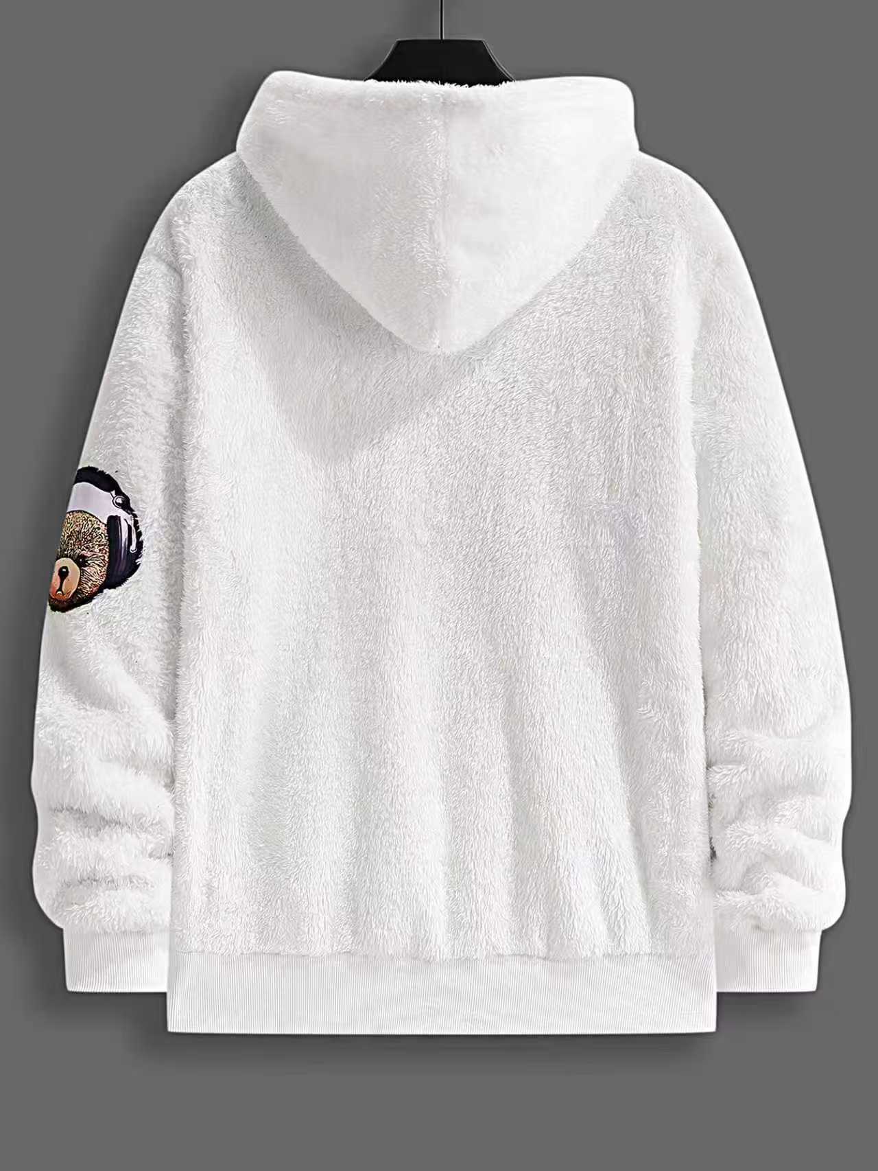 KZZ Men's Cartoon Bear Embroidery Pocket Fuzzy Hoodie