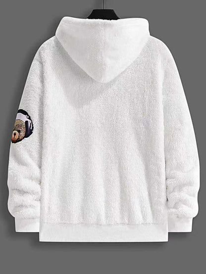 KZZ Men's Cartoon Bear Embroidery Pocket Fuzzy Hoodie