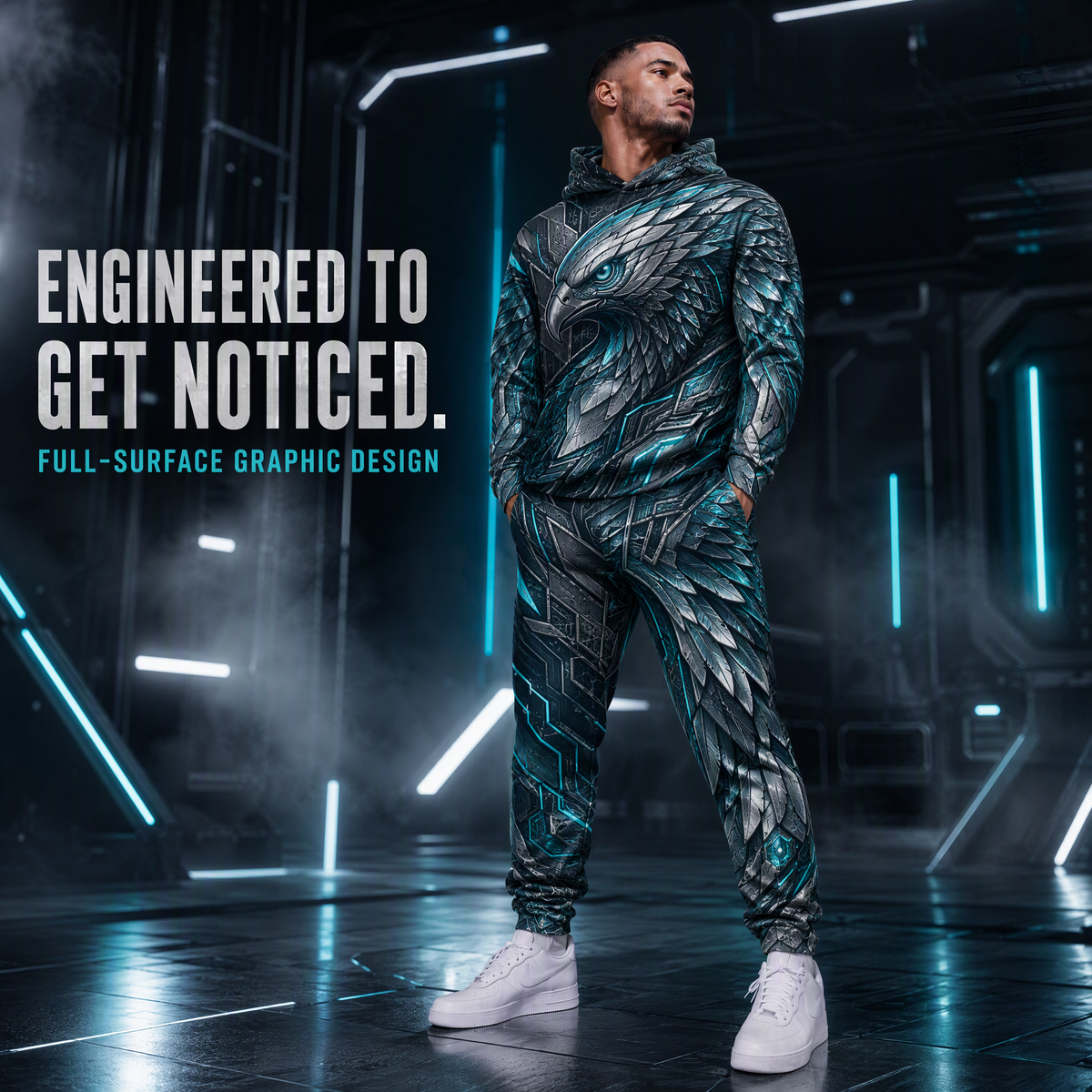 KZZ Men's Cool Printed Hoodie Tracksuit Two-Piece Street Style Sportswear
