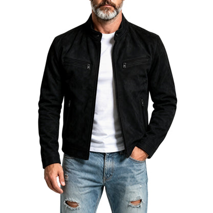 KZZ Suede stand-up collar motorcycle jacket for men, multi-zipper casual style