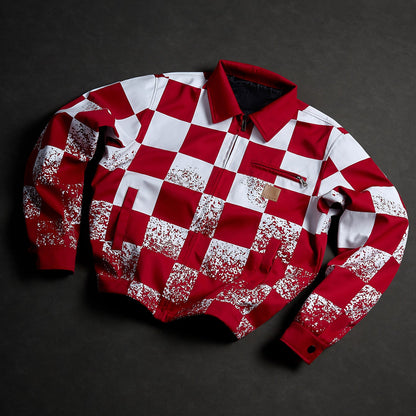 KZZ Men's red and white checkered bomber jacket