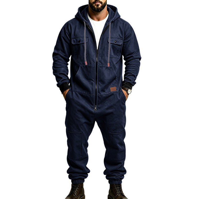 KZZ Men's Hooded Workwear Casual Street Style Jumpsuit