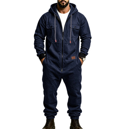 KZZ Men's Hooded Workwear Casual Street Style Jumpsuit