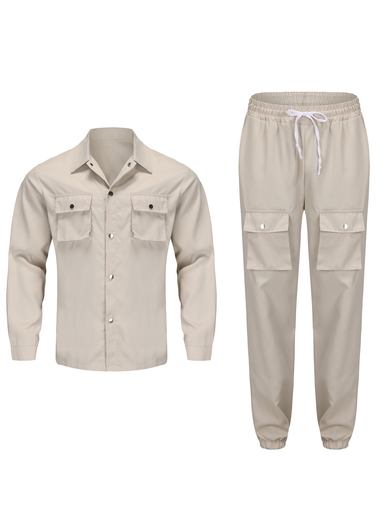 KZZ Men's Solid Button Pocket Lapel Neck Jacket & Drawstring Waist Cargo Pant Set