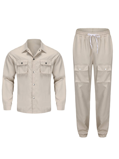 KZZ Men's Solid Button Pocket Lapel Neck Jacket & Drawstring Waist Cargo Pant Set