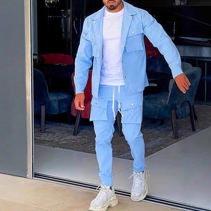 KZZ Men's Solid Button Pocket Lapel Neck Jacket & Drawstring Waist Cargo Pant Set