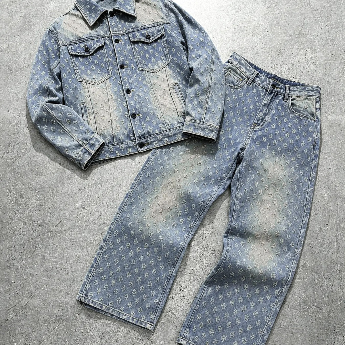 KZZ Men's two-piece jacquard denim suit
