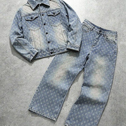 KZZ Men's two-piece jacquard denim suit