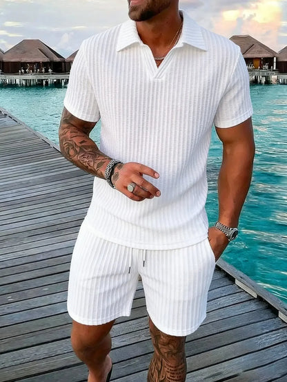 KZZ Short-Sleeve V-Neck Polo Top and Shorts Set