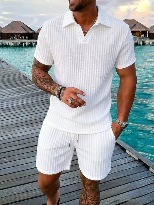 KZZ Short-Sleeve V-Neck Polo Top and Shorts Set