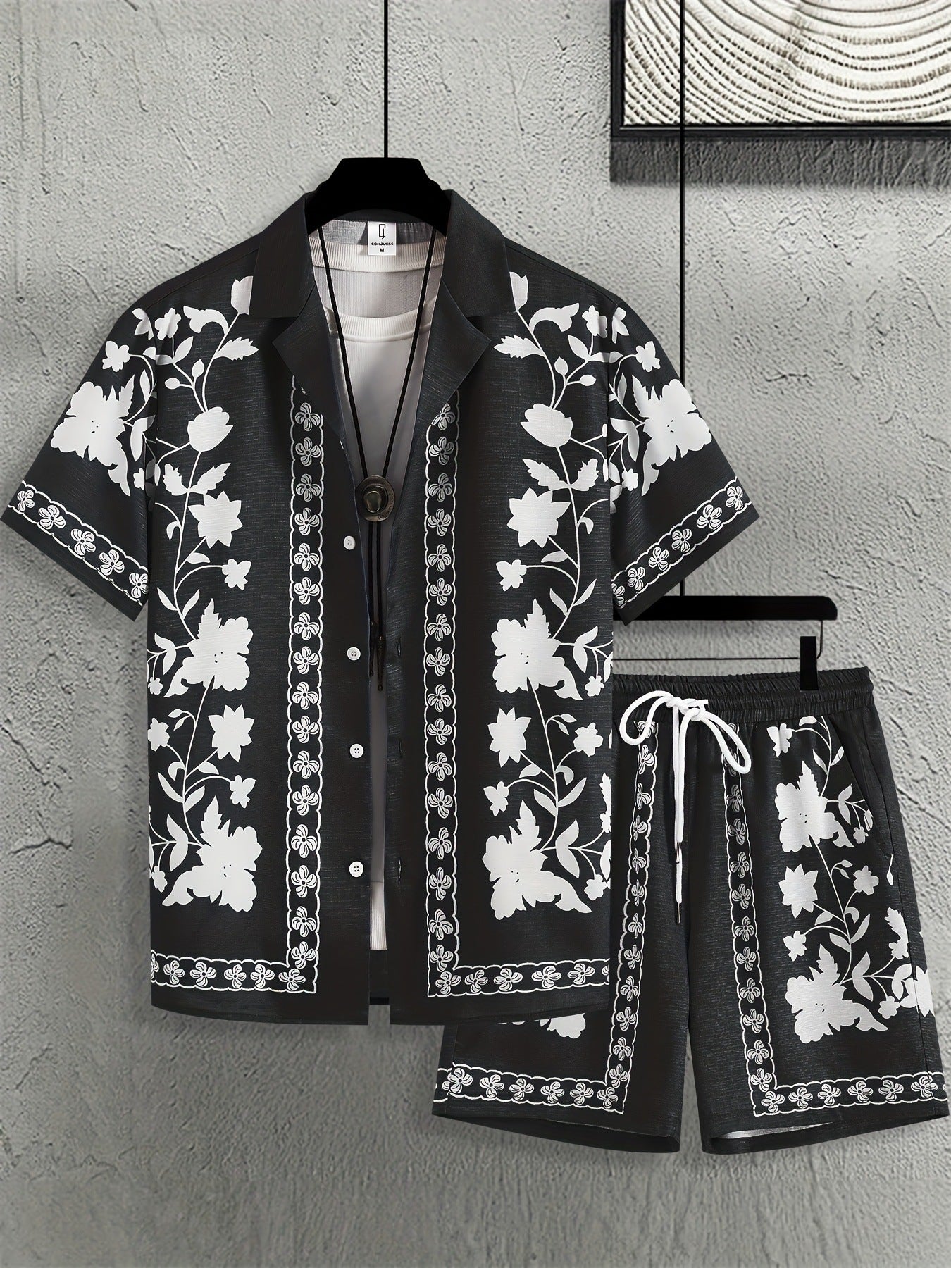 KZZ Men's ethnic-style patterned button-down shirt and shorts loungewear two-piece set