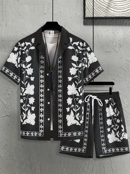 KZZ Men's ethnic-style patterned button-down shirt and shorts loungewear two-piece set