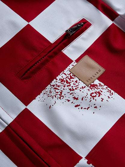 KZZ Men's red and white checkered bomber jacket