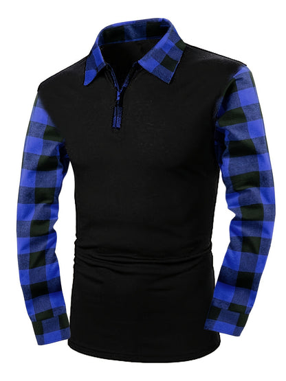 KZZ Men's Patchwork Plaid Print Half Zip Up Polo Shirt