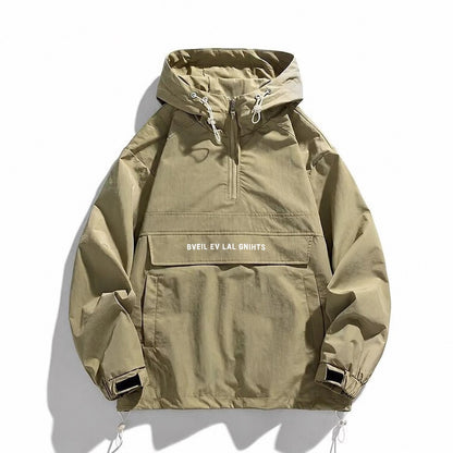 KZZ Men's Letter Print Drawstring Pocket Half Zipper Hooded Jacket