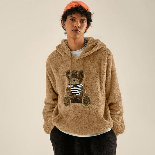 KZZ Men's Cartoon Bear Embroidered Drawstring Plush Hoodie, Casual Pocket Sweatshirt