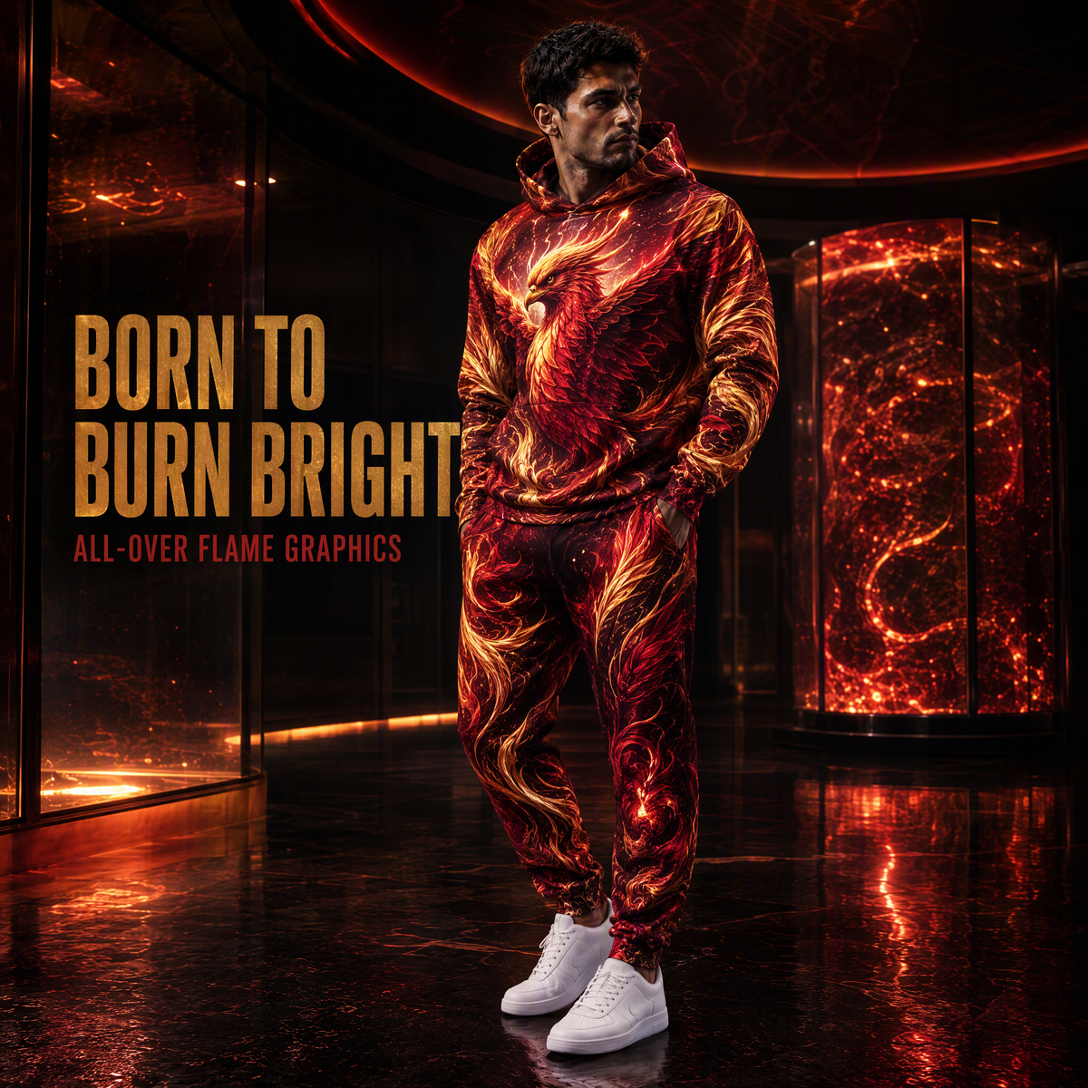 KZZ Men's Cool Printed Hoodie Tracksuit Two-Piece Street Style Sportswear