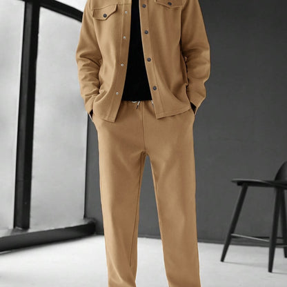 KZZ Men's Solid Color Pocket Jacket and Belt Waist Pants Sport Suit Regular Version Mature Business Style