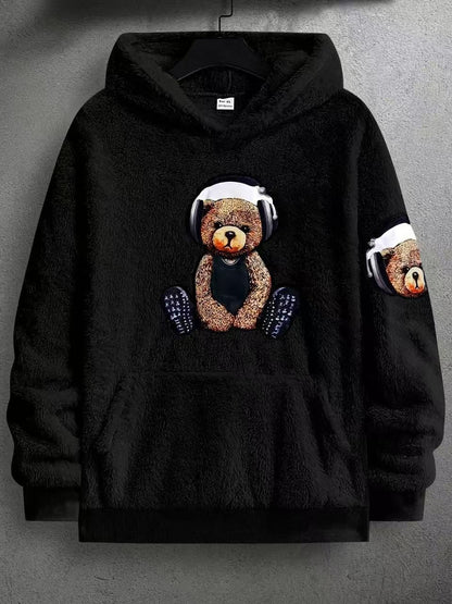 KZZ Men's Cartoon Bear Embroidery Pocket Fuzzy Hoodie