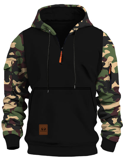 KZZ Stitching Hooded Men's Fashion Camouflage American Vintage Zipper Sweater