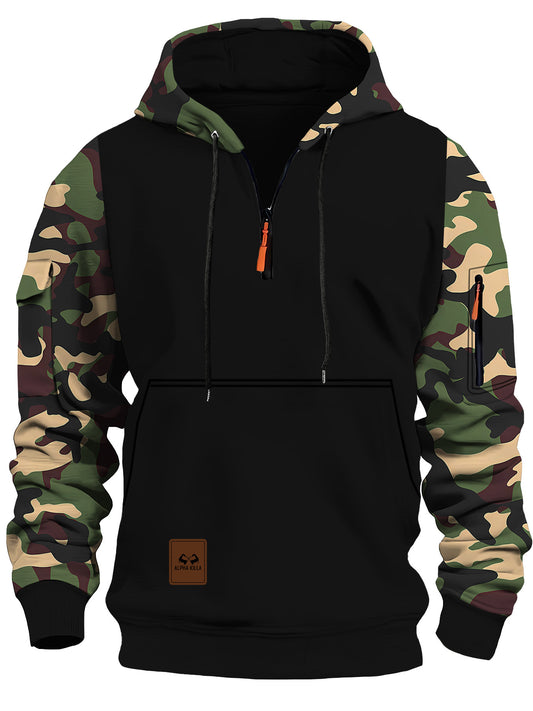 KZZ Stitching Hooded Men's Fashion Camouflage American Vintage Zipper Sweater